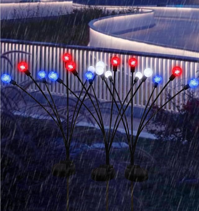 Solar Powered Garden Lights, Red White Blue Firefly Branch Lights, LED Decorative Stake Lights for Outdoor Pathway, Lawn, Patio (Candle Style, 4)