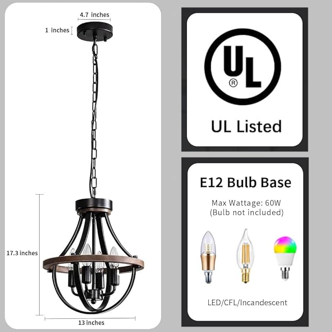 Farmhouse Chandelier, Modern Hanging Pendant Lighting, 4-Light Rustic Ceiling Light Fixture, Vintage Chandelier for Hallway Foyer Dining Room Entryway Kitchen Island Bedroom