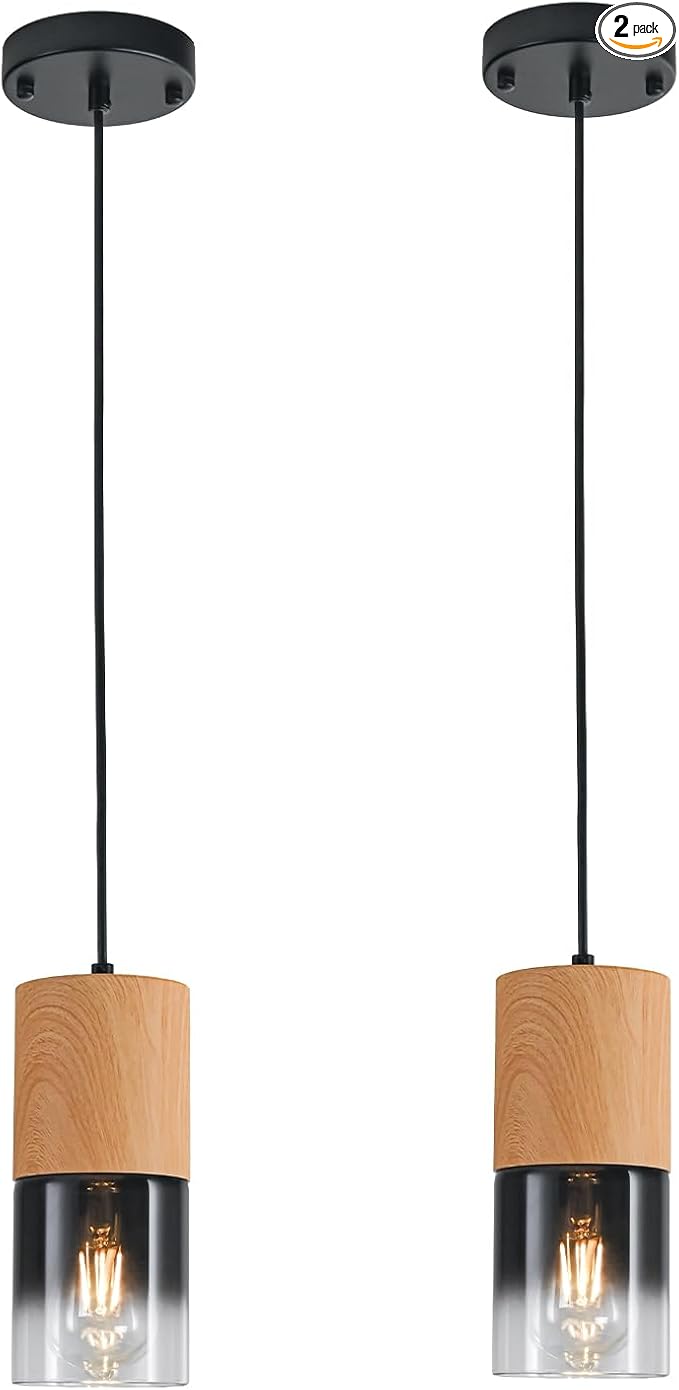 2-Pack Modern Pendant Lights for Kitchen Island, Adjustable Black Pendant Light Fixtures with Raw Wood Grain, Industrial Glass Pendant Lights for Dining Table Hallway Bedroom Living Room
