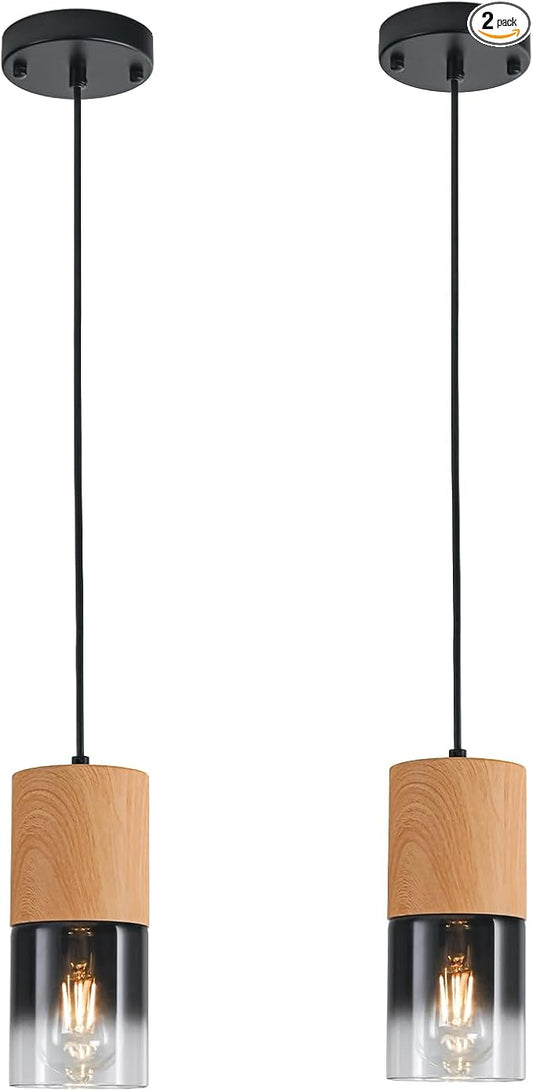 2-Pack Modern Pendant Lights for Kitchen Island, Adjustable Black Pendant Light Fixtures with Raw Wood Grain, Industrial Glass Pendant Lights for Dining Table Hallway Bedroom Living Room
