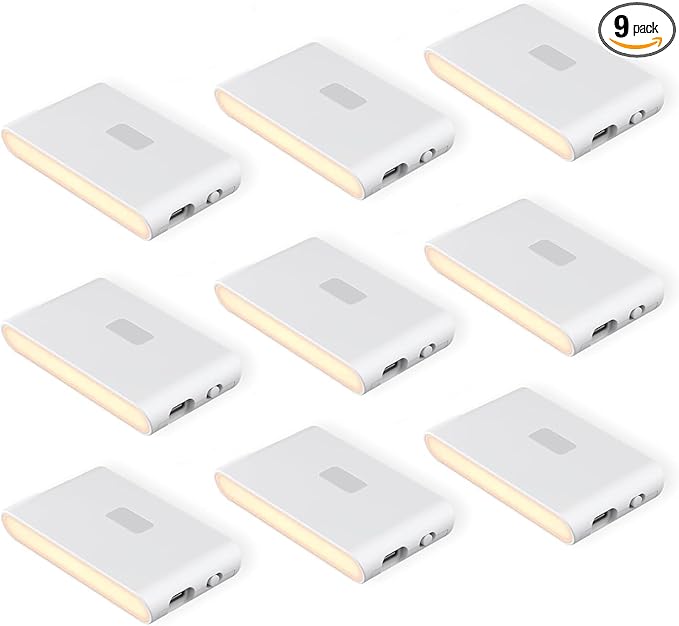 Wyze Lifestyle Rechargeable Night Lights with Dusk to Dawn & Motion Sensors, Warm & Soft White Stair Lights for Bathroom, Hallway, Linkable, Magnetic Mount, 9 Pack