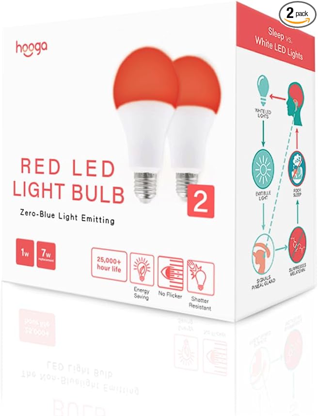 Hooga Sleep Bulb, Blue Light Blocking Red Night Light. 625nm Red Bulb for Healthy Sleep. Baby Nursery. 1W LED, 7W Replacement 2-Pack