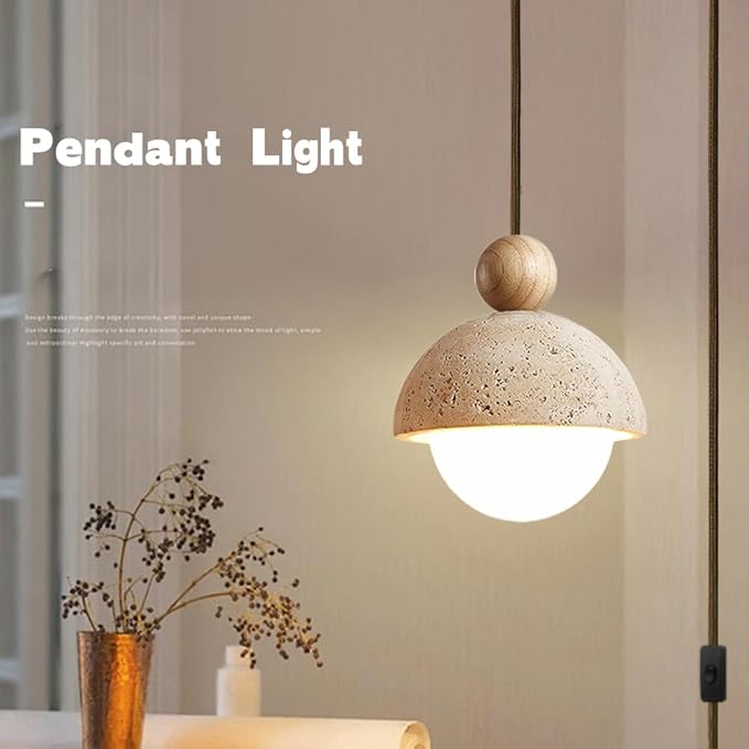 Plug In Wabi Sabi Pendant Light Japanese Retro Vintage Style Spherical Natural Stone Yellow Travertine Hanging Lamp Plug In For Girl's Room Kitchen Island Dining Room Bedroom G9 Light Mini Cement