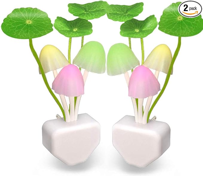 [2 Pack] UTLK Plug in LED Mushroom Night Light Lamp with Dusk to Dawn Sensor, Cut Color Changing Bed Nightlight LED Wall Light