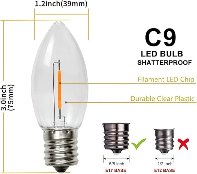 KGC C9 LED Replacement Christmas Lights Bulbs-0.6W Equivalent to 7W, Warm White 2200K, No Glass Shatterproof & Waterproof Plastic Bulbs, E17 Screw for Indoor Outdoor Patio String Lights 25 Pack