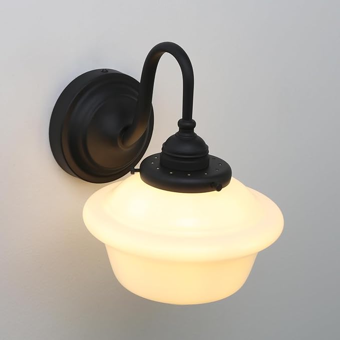 Pathson Vintage Wall Sconce with Milk White Glass, Hardwired Gooseneck Wall Vanity Light Bathroom Sconce Fixture for Living Room, Foyer, Loft, Bedroom, Farmhouse Lamp