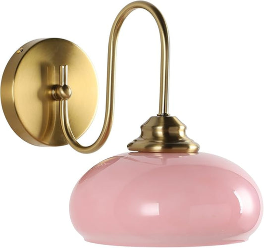 KCO Lighting Nordic Pink Glass Globe Wall Sconce Light Mid Century Modern Gold Wall Light Brushed Brass Wall Sconce Lamp Bedroom Wall Sconces Hardwired Indoor Sconce Wall Lighting