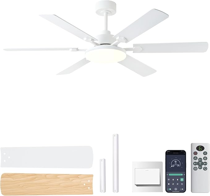 56 Inch Ceiling Fans with Lights, Modern White Ceiling Fan with Light and Remote Control, 6 Double Sided Blades, 6 Speed Reversible Motor, Dimmable LED, Silent Timing, Indoor Outdoor Patio Use