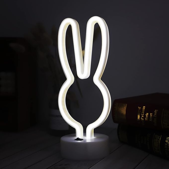 Curyidy Neon Signs Rabbit Spring Lights, East Bunny Marquee Lights with Base Art Decorations Battery/USB Operated Night Lights for Christmas, Halloween, Easter Day Decor (Rabbit-White)