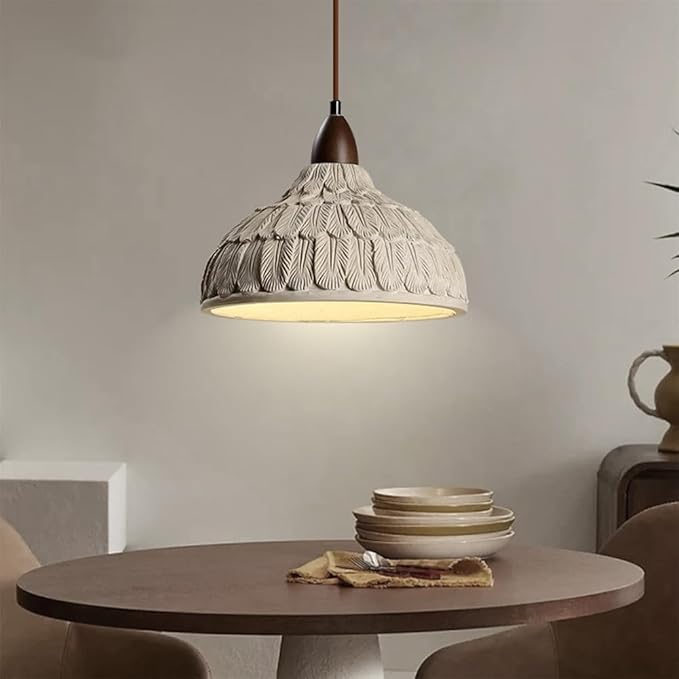Wabi Sabi Pendant Light, 11" Retro Japanese Style Concrete Pendant Light with Feather Textured Lampshade, Cement Pendant Light Fixtures Ider for Bedroom Living Room Kitchen Island (No Bulb)