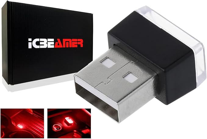 ICBEAMER Mini USB LED Light, Color: Red | Direct Plug-in Miniature/Nano Car Interior Ambient Accent Lighting Kit with Universal Fit for Auto Interior and Trunk Ambient Atmosphere