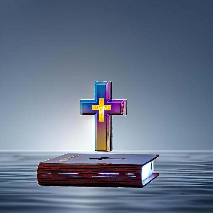 MOOCCI Levitating Cross Lamp Magnetic Floating Bible Night Light Colorful Levitation Cross Ornament with Glowing Base for Home Desk Table Decoration