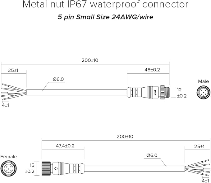 BTF-LIGHTING 5 Pin Electrical Metal nut Connector 22AWG IP68 Male Female Connector 7.87in/20cm Extension Cable for Car,Truck,Boat,Indoor/Outdoor LED Strip Lights/String 15mm Metal Nut Small Size