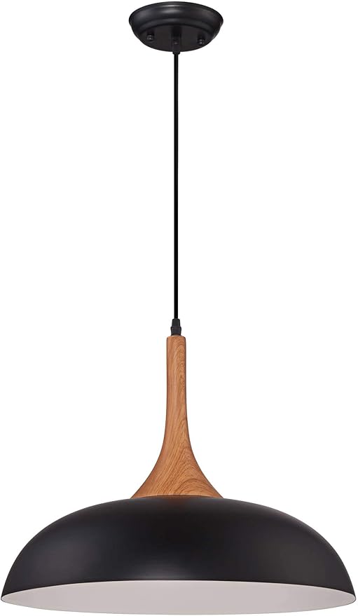 Possini Euro Design Felton Black Aluminum Wood Finish Small Pendant Light 17 3/4" Wide Mid Century Modern Dome Shade Fixture for Dining Room House Entryway Bedroom Kitchen Island Hallway