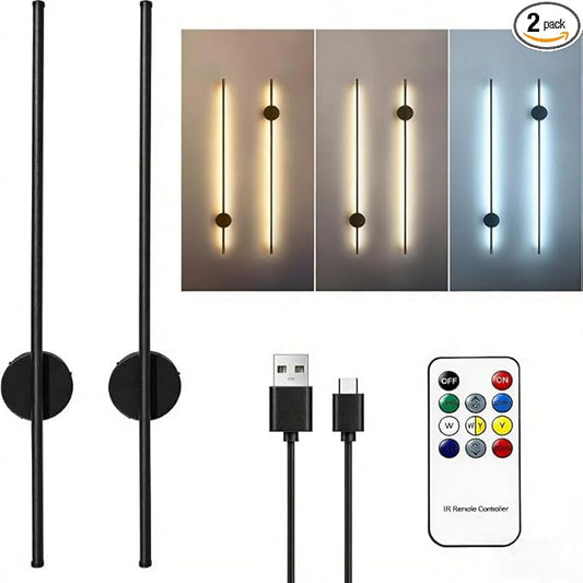 Battery Operated Wall Sconces Set of Two, Wireless Rechargeable Wall Lights with Remote Control, Dimmable LED Wall Lamp Indoor, Wireless Lights for Living Room Bedroom Hallway, Black