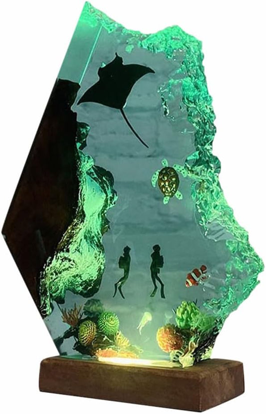 Handmade 3D Ocean Resin Lamp - USB Powered Resin Ocean Night Light with Wooden Base, Variable Lights, Scuba Diver Gifts, Diving Enthusiast Collectibles, Unique Thanksgiving Day and Christmas Gifts