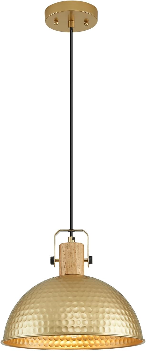 12 Inch Gold Pendant Lights Hammered Matte Pendant Lights for Kitchen Island Industrial Farmhouse Adjustable Height Dome Hanging Light Fixtures for Barn, Dining Room 1 Pack