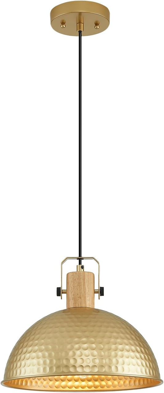 12 Inch Gold Pendant Lights Hammered Matte Pendant Lights for Kitchen Island Industrial Farmhouse Adjustable Height Dome Hanging Light Fixtures for Barn, Dining Room 1 Pack