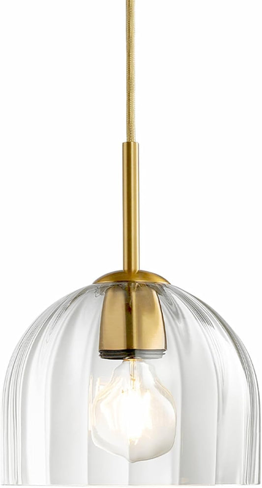 Modern Pendant Light Kitchen Island, Nordic Boho Dome Chandelier, 7.86" Bell Lamp Shape Hanging Ceiling Lighting Fixture with Clear Striped Glass Lampshade Dining Room