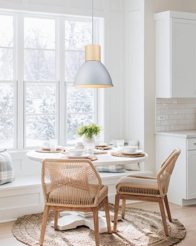 ELYONA Modern Pendant Light Fixtures, Wood Metal Hanging Lamp, Adjustable Height, 11.6" Nordic Island Pendant Lighting for Kitchen Sink, Bar, Office, Dining Room,Living Room, Bedroom, Soft Grey