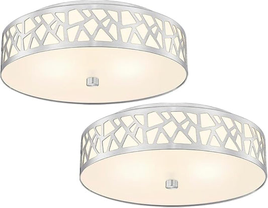 2-Light Flush Mount Ceiling Light,12 inch Modern Close to Ceiling Light Fixture with Brushed Nickel Metal and Frosted Glass Shade for Hallway, Kitchen, Bedroom(2 PK)