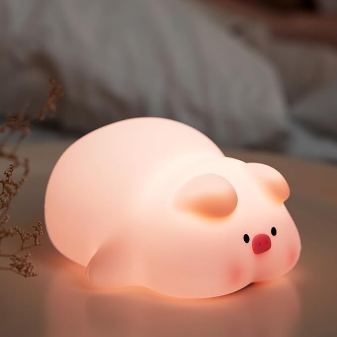 Cute Pig Night Light, 3 Level Dimmable Nursery Nightlight, Kawaii Lamps Squishy Silicone Rechargeable Touch Lamp, Best Gift for Kids Adults Room Decor