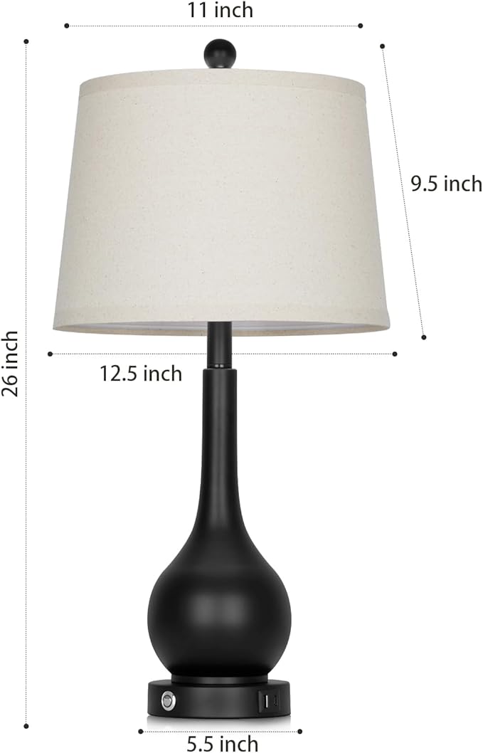 26" Black Table Lamps Set of 2 for Living Room, Touch Control Bedside Lamp for Bedroom, 3-Way Dimmable Nightstand Lamp with USB A+C Port (2 LED Bulbs Included)