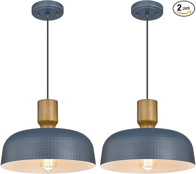 Darkaway Pendant Light Fixtures Ceiling Hanging with Hammered Metal Shade, Modern Pendant Light for Kitchen Island Lighting Hanging Lamp Adjustable Height, Medium 2 Pack