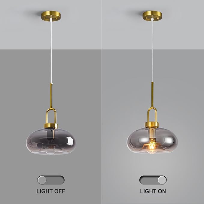 Light Smoke Gray Glass Pendant Lights Kitchen Island Gold Pendant Light Fixtures Adjustable Height Modern Pendant Lighting for Bedroom Dining Room (1-Pack)