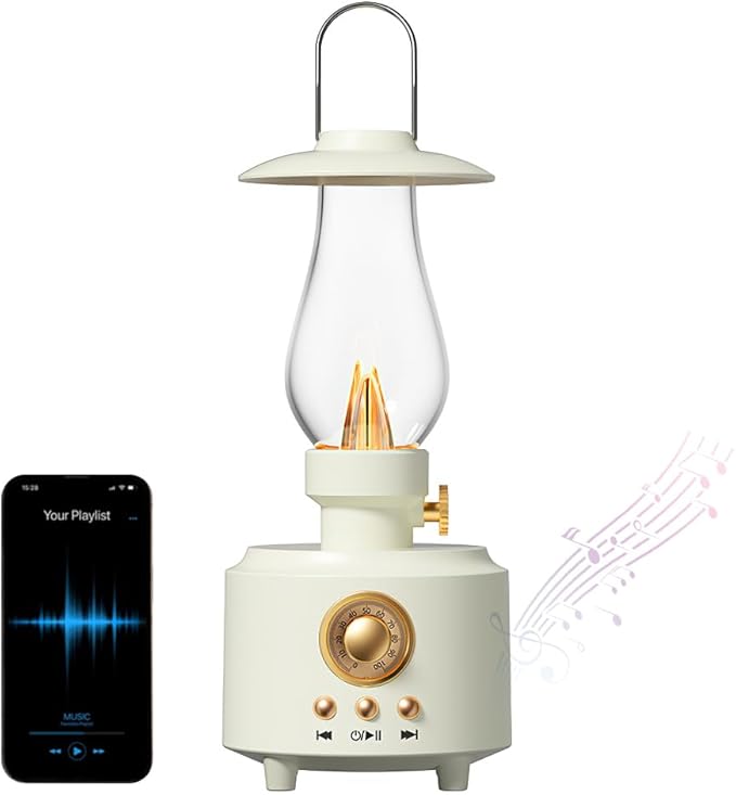 Vintage Kerosene Table Lamp, Waterproof Vintage Bluetooth Speaker with Light, AUX/TF Card/USB, White Gas Lantern for Camping Party Holiday Home Decor Gift