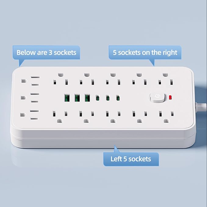 Surge Protector Power Strip 10 FT Flat Plug, 1875W/10A, 13 Multiple AC Outlets with 3 USB-A 3 USB C, One Touch Switch Button,Perfect for Home, Office, or Travel Use. White