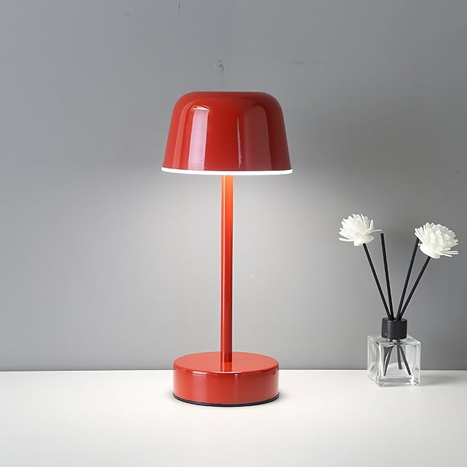 Rechargeable Cordless Mushroom Small Table Lamp with USB Port, Battery Powered Table Lamp Red, Tri Color Dimmable Touch Lamps for Nightstand, Bedroom, Dining Table, Bedside