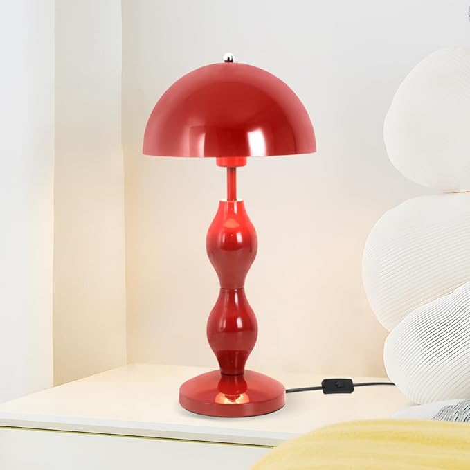 Mushroom Lamp,Red Mushroom Bedside Table Lamp for Living Room,Mid Century Vintage Table Lamps for Bedroom,Home Office Decor Desk Light,Aesthetic Nightstand Lamps,Flowerpot Desk Light,Red Iron Shade