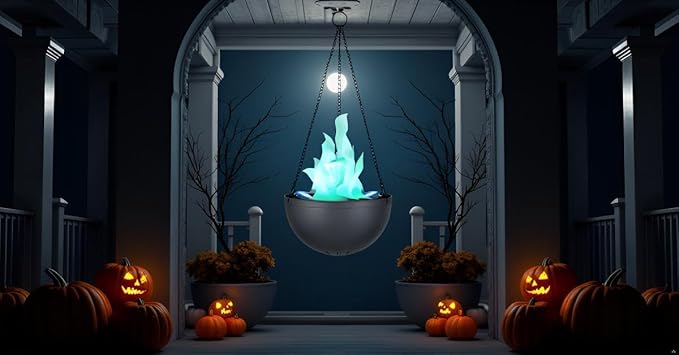 Aspen Creative 61168-24-1,LED Hanging Fire Flame Light Prop for Halloween,Christmas and Party Decor,Black Finish,Blue Flickering Light Effect