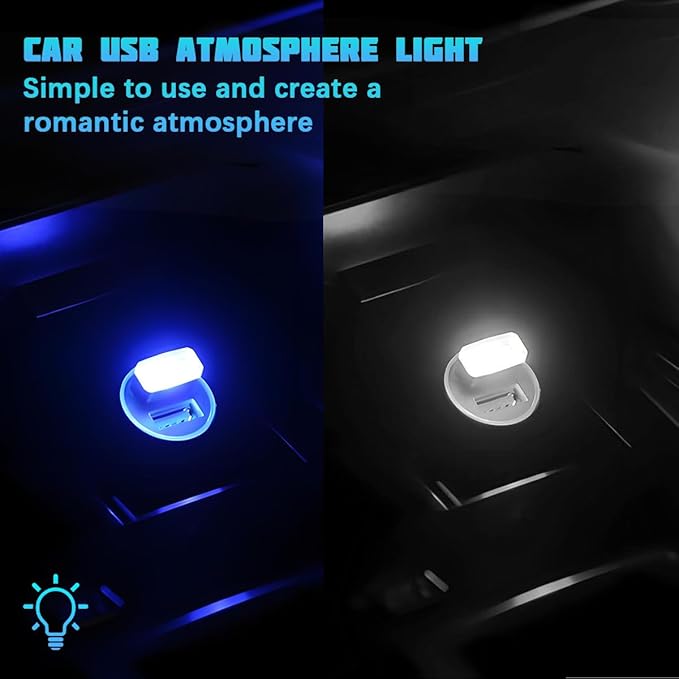 4PCS/Set USB LED Car Interior Atmosphere Lamp, Portable Mini Vehicle LED Night Light, Plug-in USB Interface Automotive Interior Ambient Lighting Kit Accessories, Universal Fit (White+Blue)