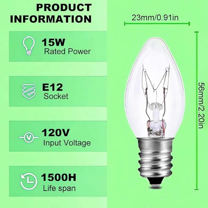 C7 15W E12 Bulbs, Replacement Bulb for Himalayan Salt Lamps/Night Lights,Dimmable 2200K Clear,120V Incandescent Candle Bulbs (6-Pack)