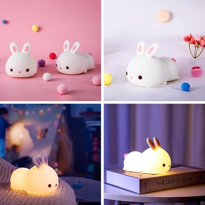 One Fire Easter Bunny Gifts for Kids Night Light with Remote, 16 Colors+5 Brightness Cute Lamp,Easter Bunny Decor/Stuff/Toys for Baby Toddler Soft Silicone Night Light, 1200mAh Portable Bunnies Lamps