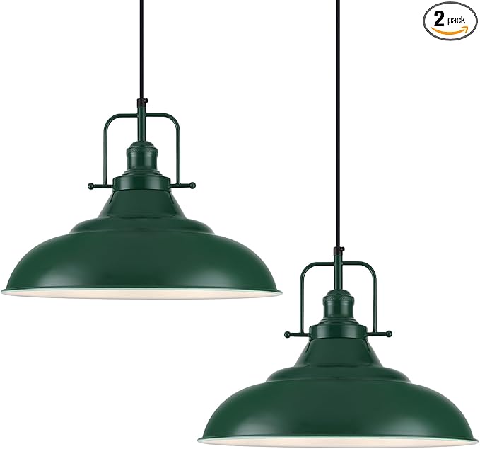 Green Pendant Light 2 Pack, 16 Inch Large Industrial Pendant Lights, Green Pendant Lights Kitchen Island, Large Farmhouse Pendant Light for Kitchen Island, Dining Room, Hallway