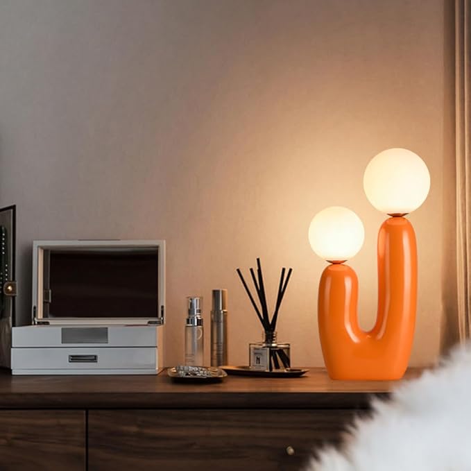 Modern Orange Cactus Shape 2 Lights Table Lamp Mushroom White Milk Globe Glass Table Light Cute Resin Light Fixtures for Bedroom Living Room Children’s Room Kid’s Room Corner
