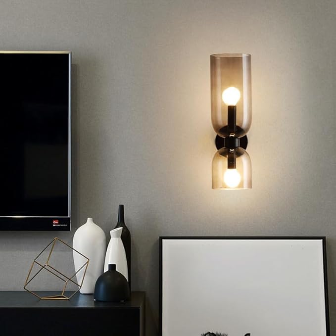 Modern Wall Sconces Set of 2 | Black Metal & Smoke Gray Glass | Bedroom, Living Room & Bathroom