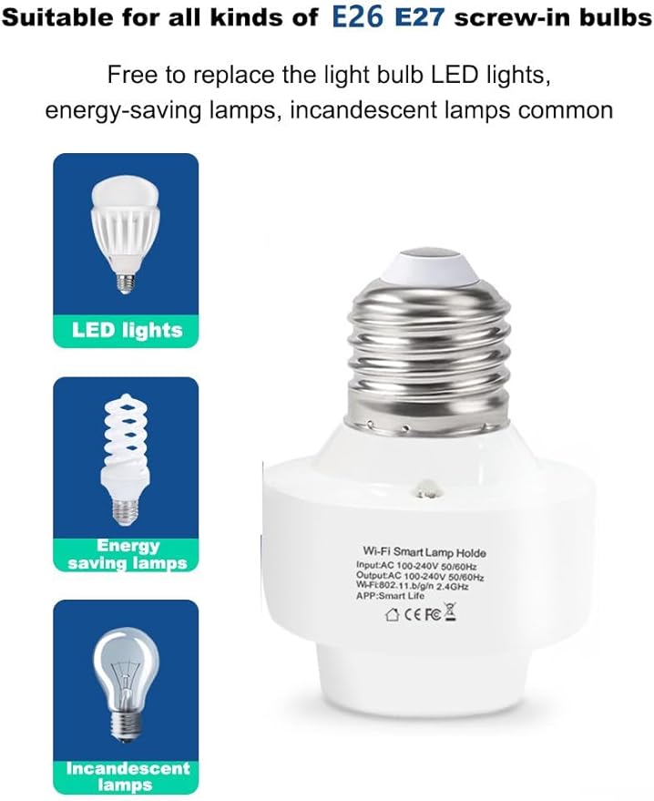 QIACHIP Smart WiFi Light Bulb Socket Adapter E26 Lamp Holder,Compatible with Alexa and Google Home,use Smart Life APP Control,Maximum Output Power 500 Watts