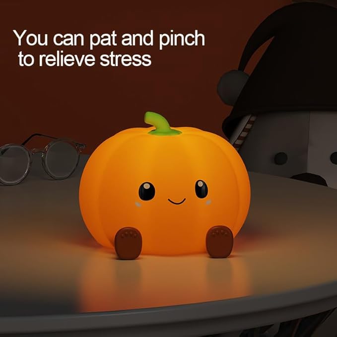 Pumpkin Night Light for Kids Adult, 3 Adjustable Brightness, USB-C Rechargeable, Baby-Safe Bedside Light, Toddler Sleep Training & Kids Room Decor