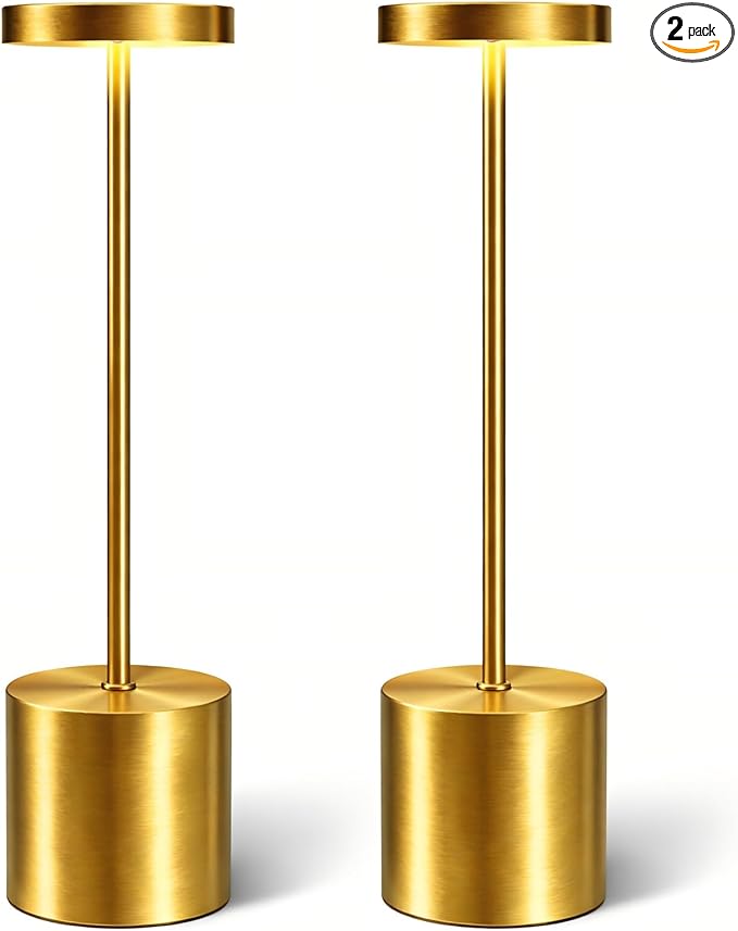 Cordless Table Lamp – 2 Pack Rechargeable Table Lamps, 5000mAh Battery Operated Lamp with 3-Color Dimmable Light, Outdoor Table Lamp for Bedroom, Restaurant, Patio, Home Décor (Gold)