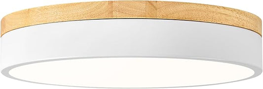 Dimmable Wood LED Ceiling Light Fixture, 5CCT 2700K-6000K Modern White Flush Mount Ceiling Lighting, Minimalist Round Ceiling Lamp for Bedroom, Kitchen, Laundry Room, Hallway, 11.81in