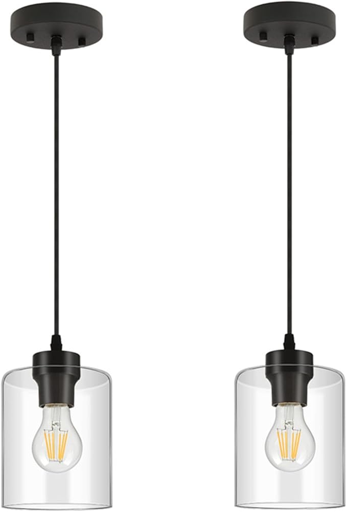 BoostArea Modern Pendant Light Fixtures, Industrial Hanging Ceiling Lamp with Clear Glass Shade, Farmhouse Black Pendant Lighting for Kitchen Island Decor Living Room Hallway Bedroom Dining（2 Pack）