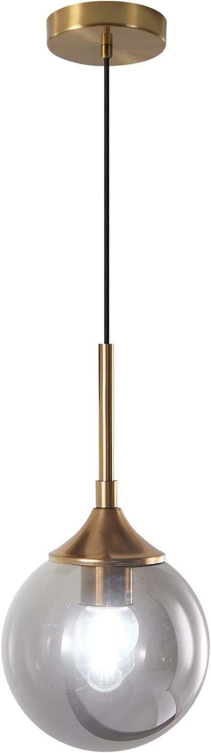 KCO Lighting Modern 1-Light Globe Pendant Light Mid Century Large Single Smoke Glass Hanging Light Brushed Brass Adjustable Pendant Light Fixture for Living Room Kitchen Island