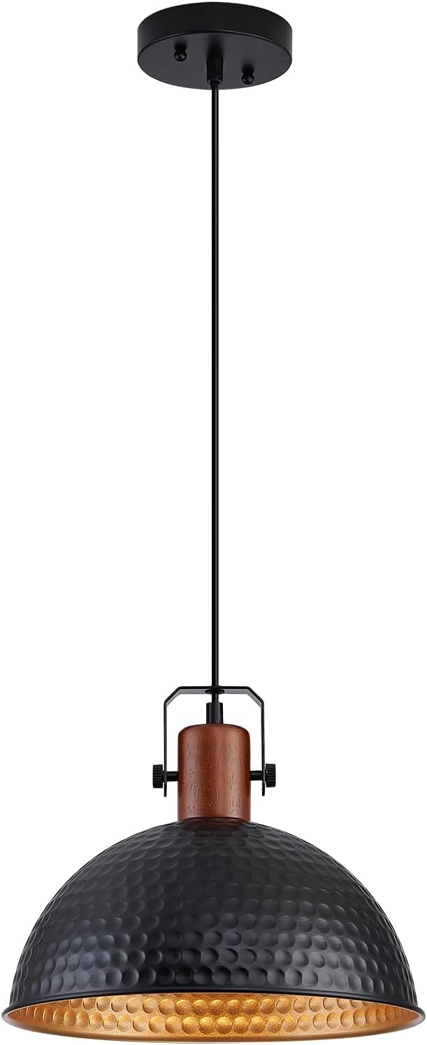 12 Inch Black Pendant Lights Hammered Matte Pendant Lights for Kitchen Island Industrial Farmhouse Adjustable Height Dome Hanging Light Fixtures for Barn, Dining Room 1 Pack