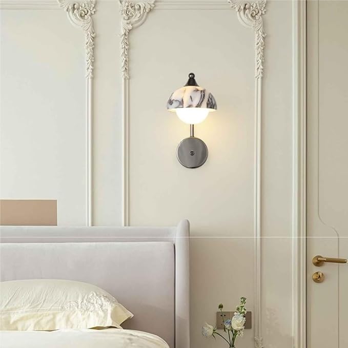 Nordic Marble Mushroom Shaped Wall Sconce Hand Carved Adjustable Rotating Shade Wall Lamp Industrial Retro Wall Light Fixture Indoor 3-Color Dimmable Wall Light for Bedroom Living Room Corridor
