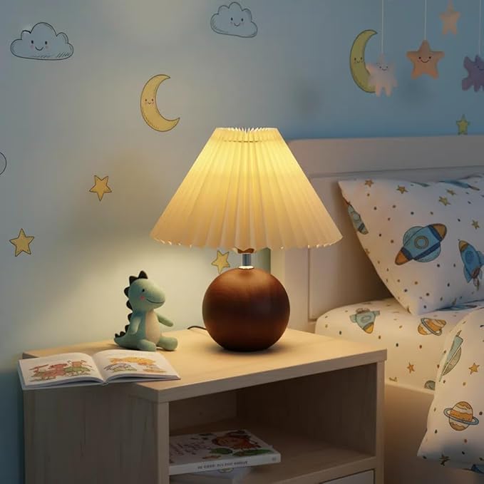 Bedside Night Table Lamp for Bedroom Three Colors Minimalist Bedside Lamp with Pleated Lampshade Small Night Light for Kids Room, Living Room, College Dorm, Home Bar