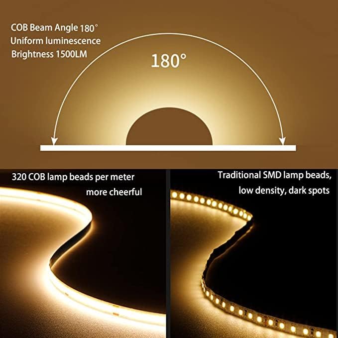 MDee】USB COB Tape Light LED Strip.16.4ft/5m- Flexible 5mm Hidden DC 5V LED Tape with 320 LEDs/m for White (6000K) Lighting. Cuttable, Shapeable, USB Powered. Ideal for Kitchen